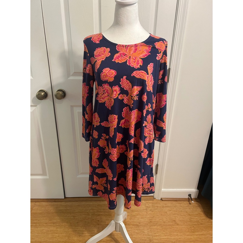 Mountain Mama Essential Tunic Dress Pockets Blue orange stretch 3/4Sleeve comfy